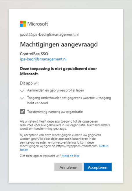 Het machtigingenscherm