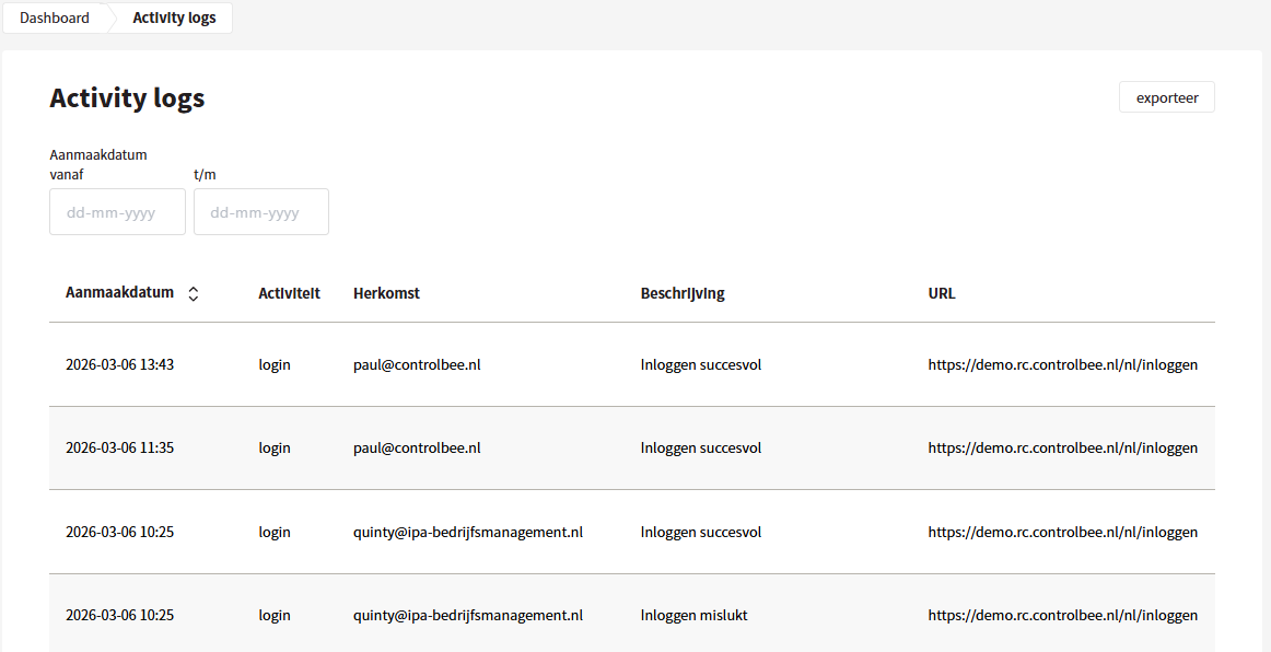 ControlBee Handleiding : Activity logs