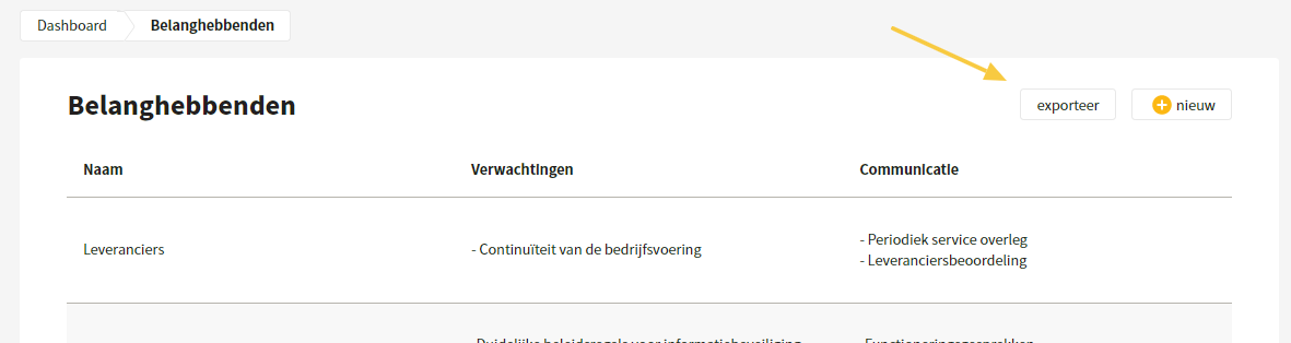Exporteren overzicht belanghebbenden