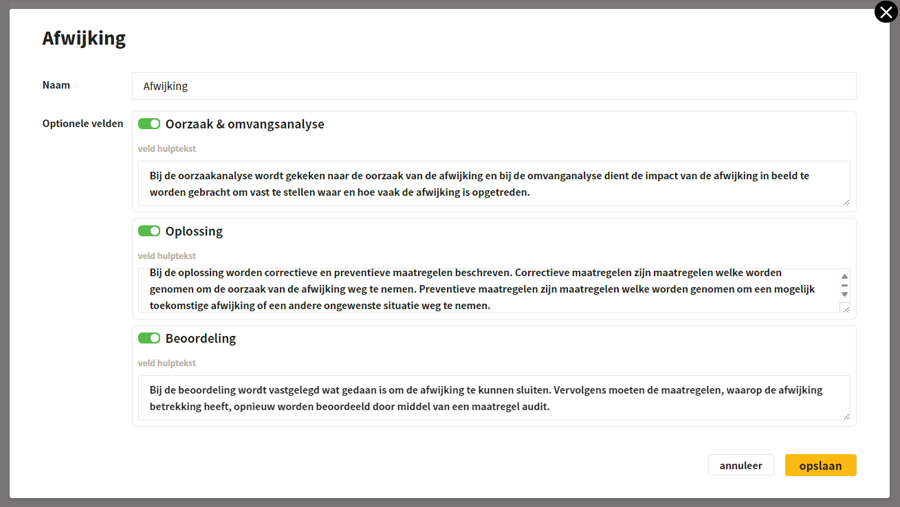 Aanmaken actie types